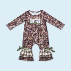 Long sleeves camouflage deer ruffle baby girls  romper