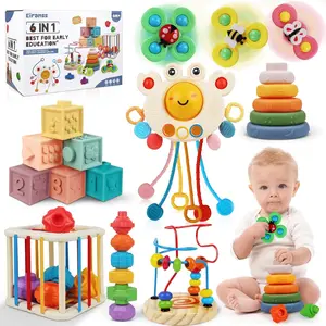 Baby Toys 6 to 12 Months- 6 in 1 Montessori Toy for Toddlers 1-3, Sensory Shapes Storage Bin Stacking Blocks Rings First Bead Maze Pull String Teether, Infant Toys Gifts for 1 2 3 Year Old Boys Girls