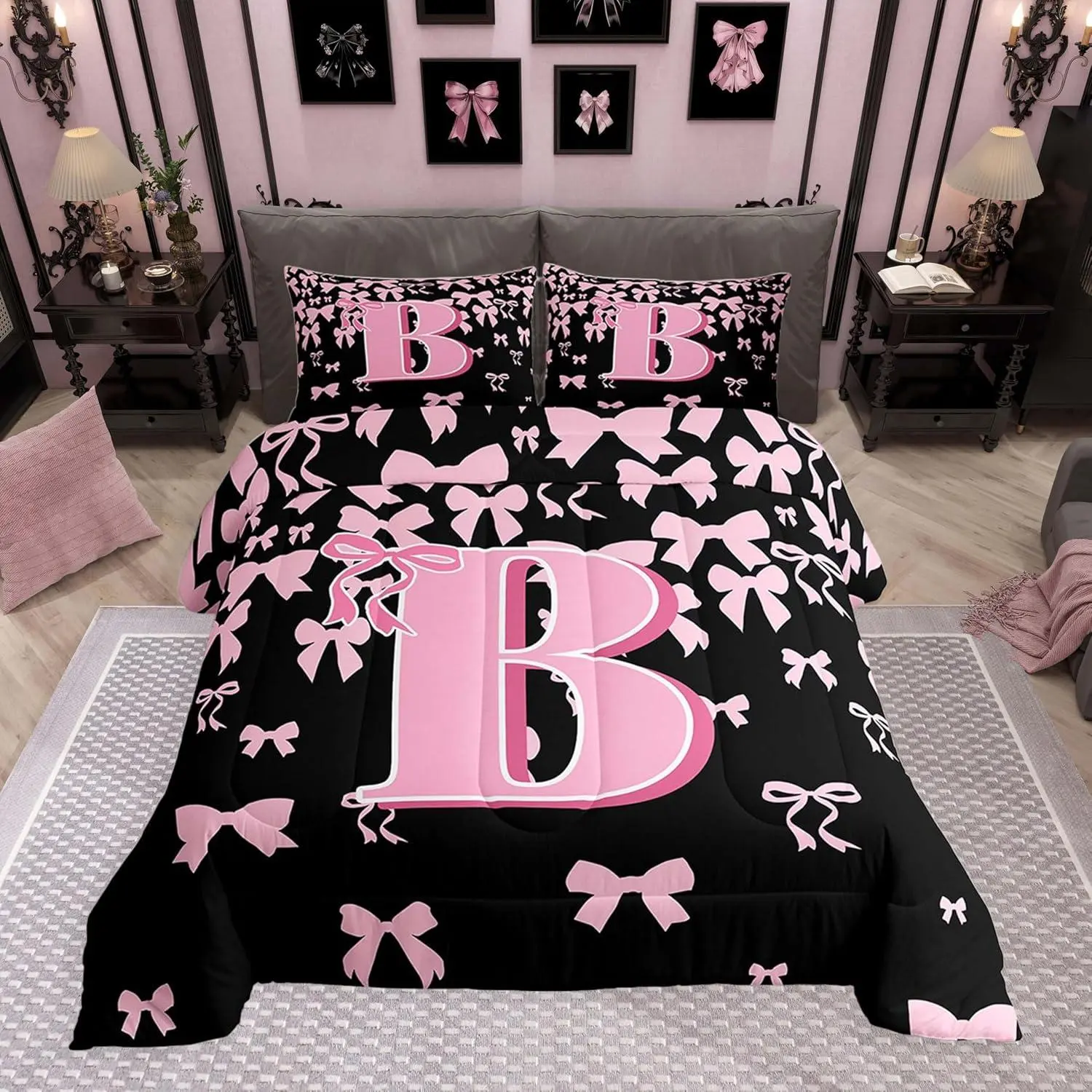 Cute Bow Comforter Set All Season Initial Letter B Bedding Set Black Pink Coquette Bowknot Bedclothes Monogrammed Bedroom Decor Duvet Quilt