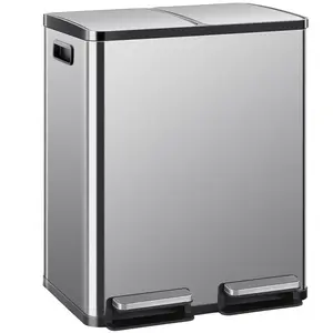 Dual Compartment 16 Gallon Stainless Steel Kitchen Trash Can with Lid and Step Pedals,Fingerprint Proof Garbage Bin for Home and Office