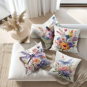 4pcs Lavender & Dragonfly Floral Throw Pillow Covers - Soft Pastel Pink Blue Purple Green Beige Covers, 17.7x17.7 Inch Square Decorative Pillowcases with Zipper Closure, Machine Washable for Sofa Bed Porch Patio (No Insert)