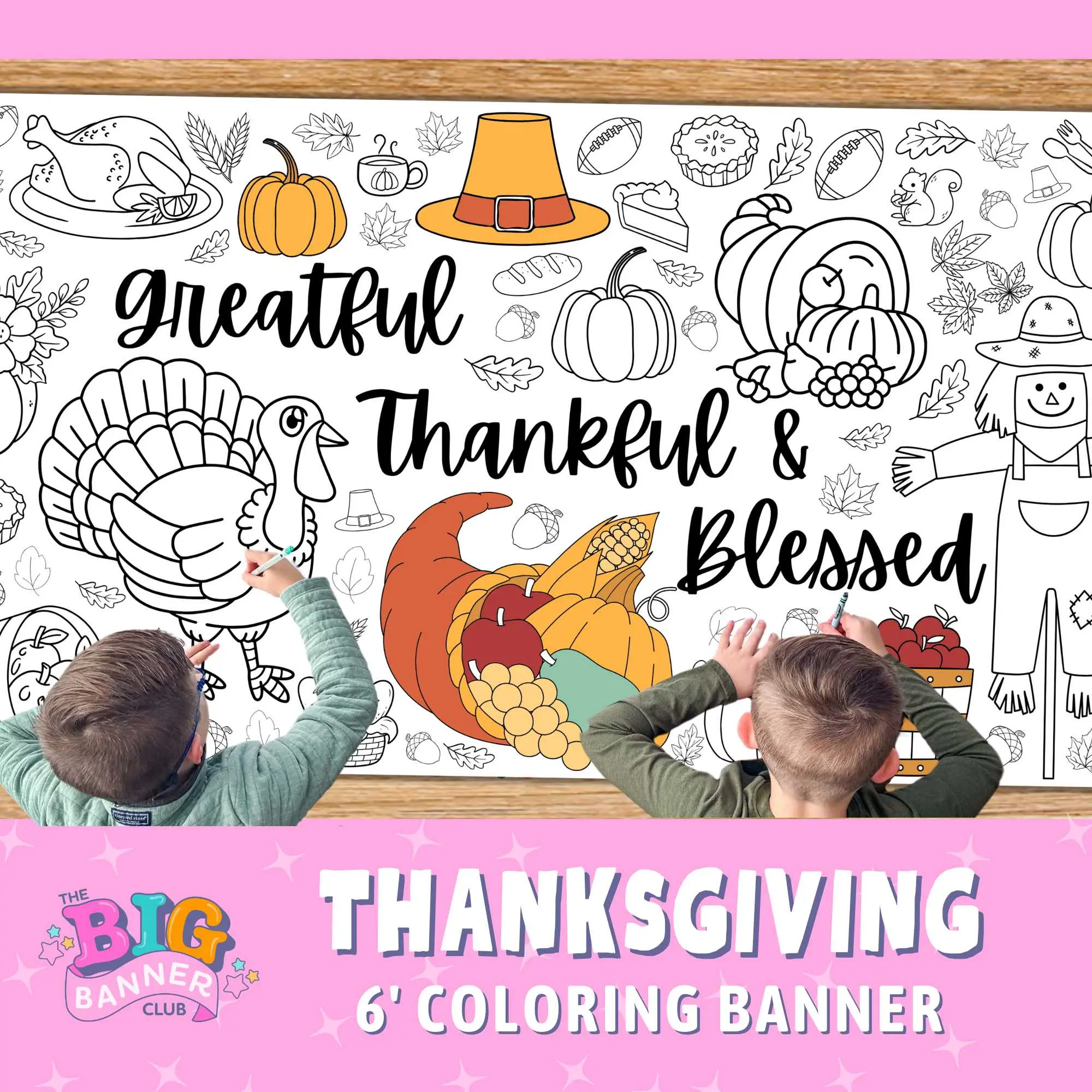 Thanksgiving Coloring Banner | Happy Thanksgiving | Pumpkins, Blessed, and Thankful | Giant Coloring Banner Paper Table Runner Tablecloth