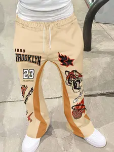 Men's Colorblock Drawstring Waist Flare Pants, Casual Comfortable Pocket Long Pants, Vintage Basketball Print, Streetwear Athletic Activewear for Spring Fall