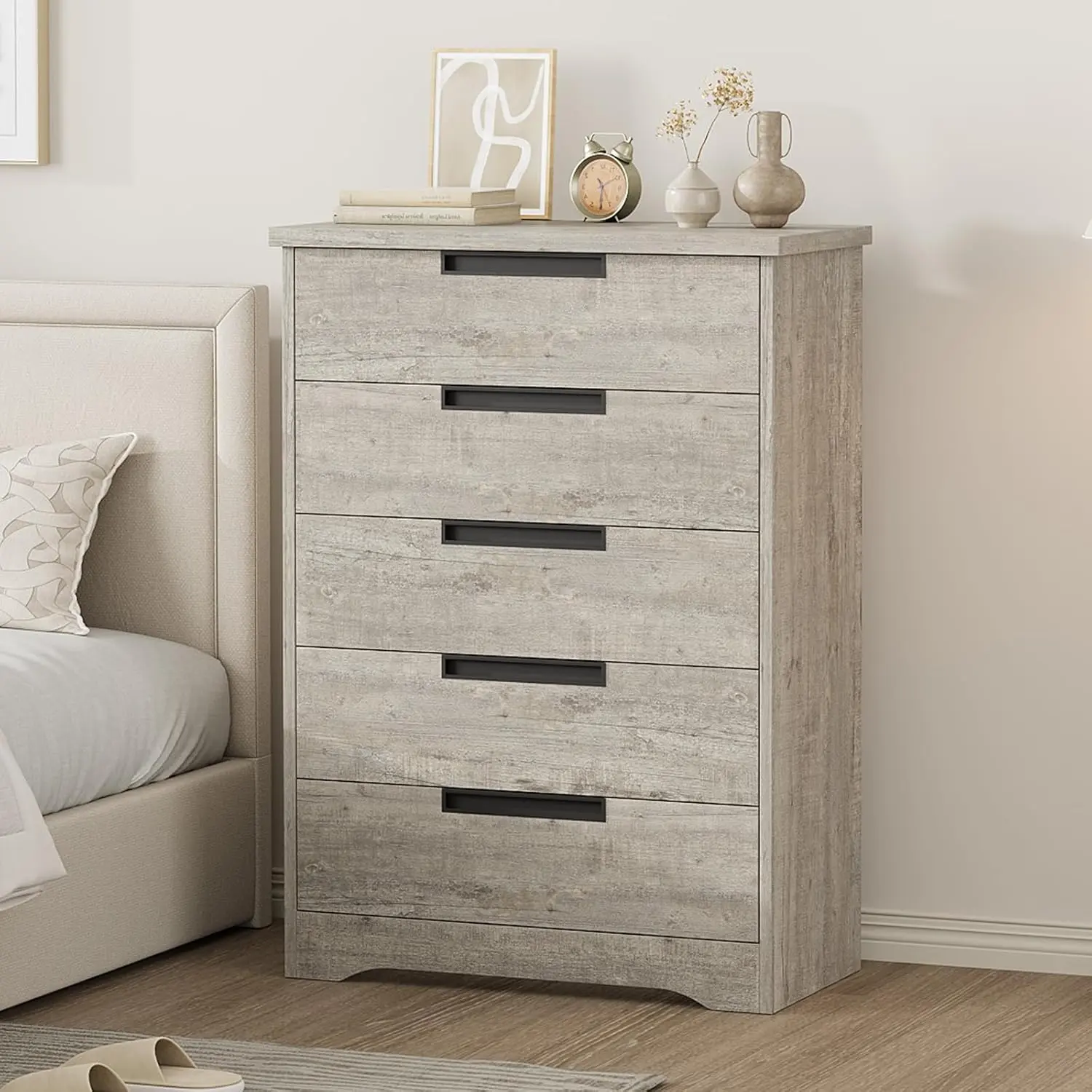 OP-Versatile 5-Drawer Wooden Dresser – Natural & Gray Storage Chest with Embedded Handles for Bedroom, Nursery, Living Room, Hallway, Entryway – Multi-Purpose Organizer