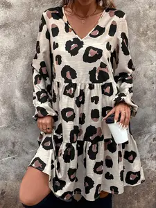 Women's V Neck Long Sleeve Leopard Print Knit Slim Fitted Dress, Womenswear, Casual Commuter Wear, Fall & Winter Fashion, Comfortable Office