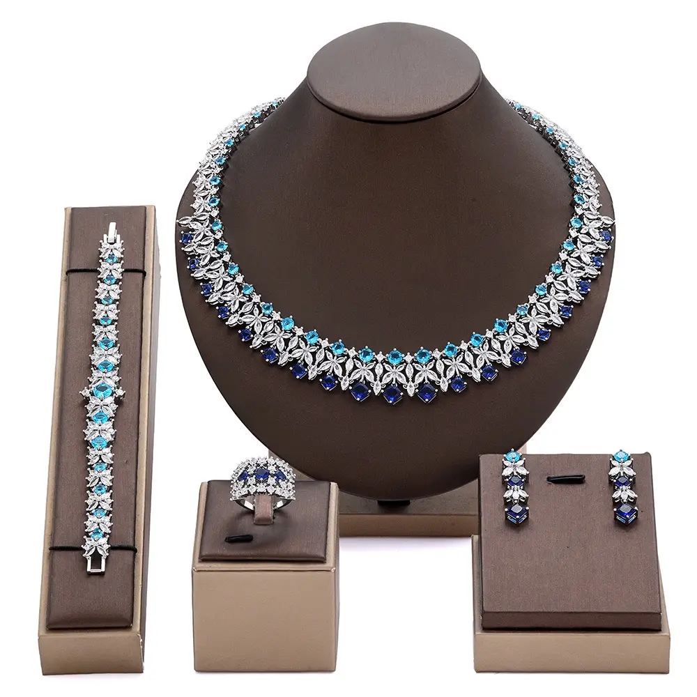 Women's 4-Piece Flower Blue CZ Jewelry Set - Necklace, Earrings, Bracelet, Ring for Wedding Bridal Formal Party Accessories, Jewelry For Women