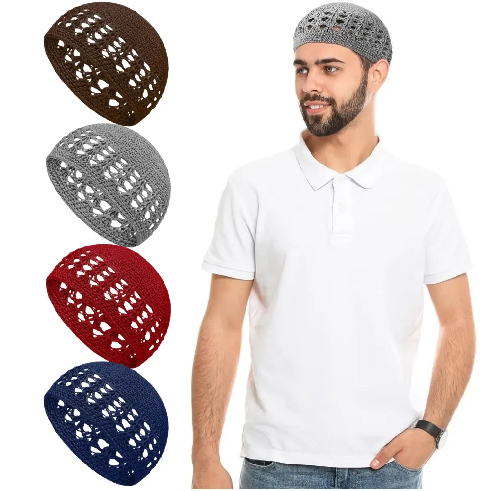 4 Pcs Kufi Knit Hats Crochet Beanie Skull Caps Knitted Stretchy Crochet Hat Skull Cap for Muslim Men