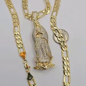 VIRGIN MARY beautiful necklace figaro style 30"inches GOLD-PLATED multi-stones small pendant