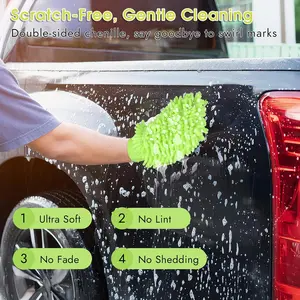 3 Pack Chenille Microfiber Car Wash Mitt, 7" x 9.6" Car Washing Mitts, Home Dusting Gloves, Scratch Free Lint-Free, Highly Absorbent, Double Sided, for Cleaning Detailing Polish (Green)