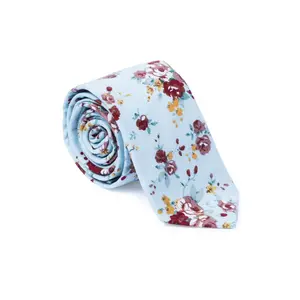 Stephen Floral Print Neck Tie - Light Blue & Wine