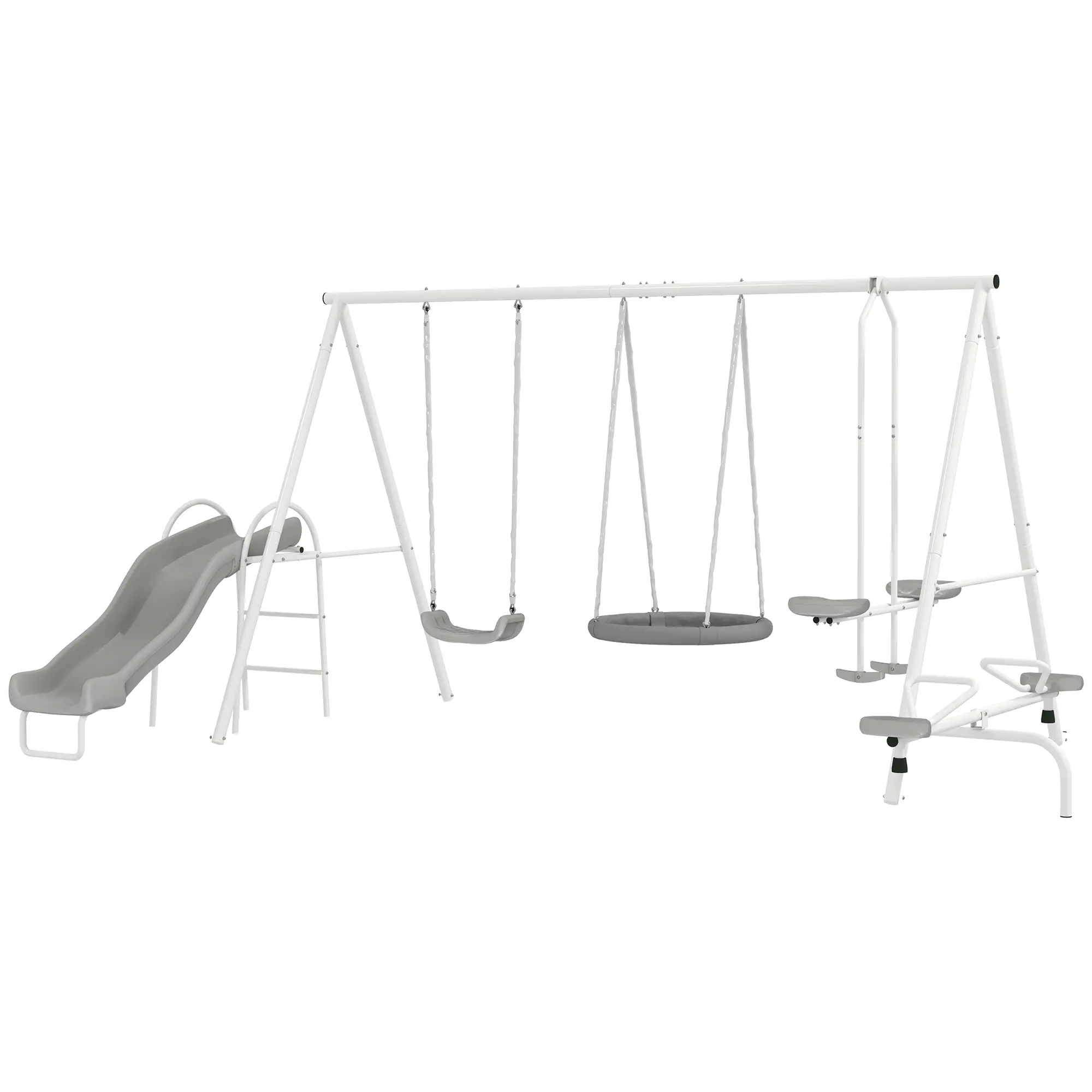 5 in 1  Swing Set for Backyard with Heavy-Duty A-Frame Stand, Saucer Swing, Slide, Seesaw, Glider, Swing Seat, Gray