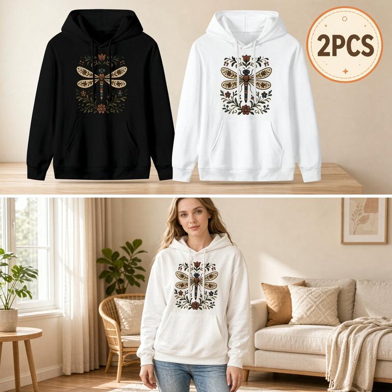 Women's 2-Pack Boho Dragonfly Hoodies with Pockets - Indie Folk Vintage Floral Insect Graphic Pullovers, Soft Cottagecore Nature Lover Casual Outfits, Earthy Cozy Loungewear Tops, Indie Folk Women's Hoodies