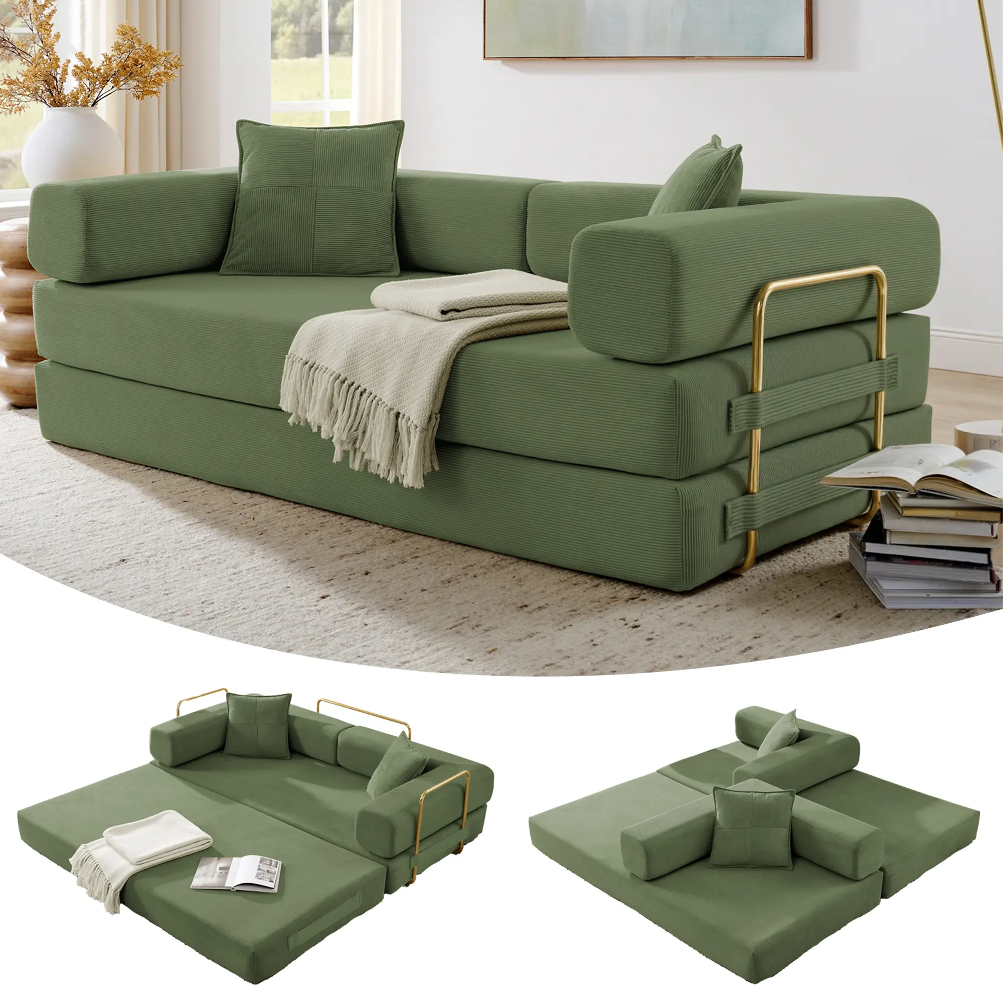 Eyisean 78-in Corduroy Upholstered Convertible Folding Sofa Bed, 4-in-1 DIY Combination Boneless Floor Couch with 2 Cushions, No-Assembly Living Room & Bedroom Furniture Compressed in Box, Living Room Sofa, Upholstered Sofas