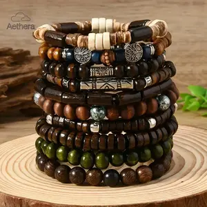 10Pcs/Set Random Men's And Women's Bohemian Style Fashion Wooden Beaded Bracelet, Couple Bracelet Combination Hand String Gift Handmade Beaded Chain Set