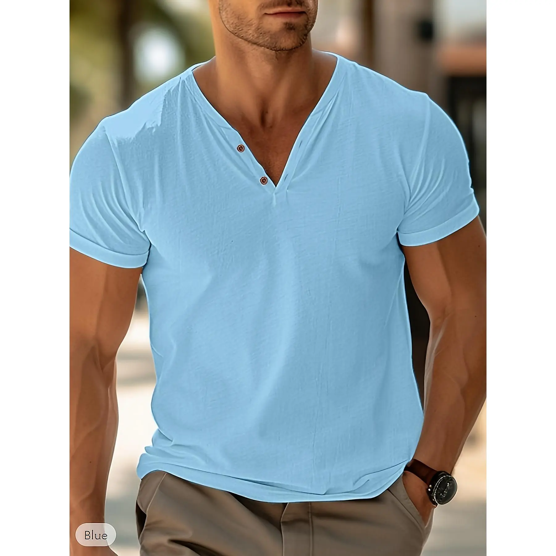 Men's Royal Blue V-Neck Henley Shirt - Casual Short Sleeve, Stretch Polyester Blend, Button Detail, Machine Washable, Summer Fashion