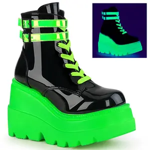 Demonia Shaker-52 Black Patent-UV Neon Green Ankle Boots
