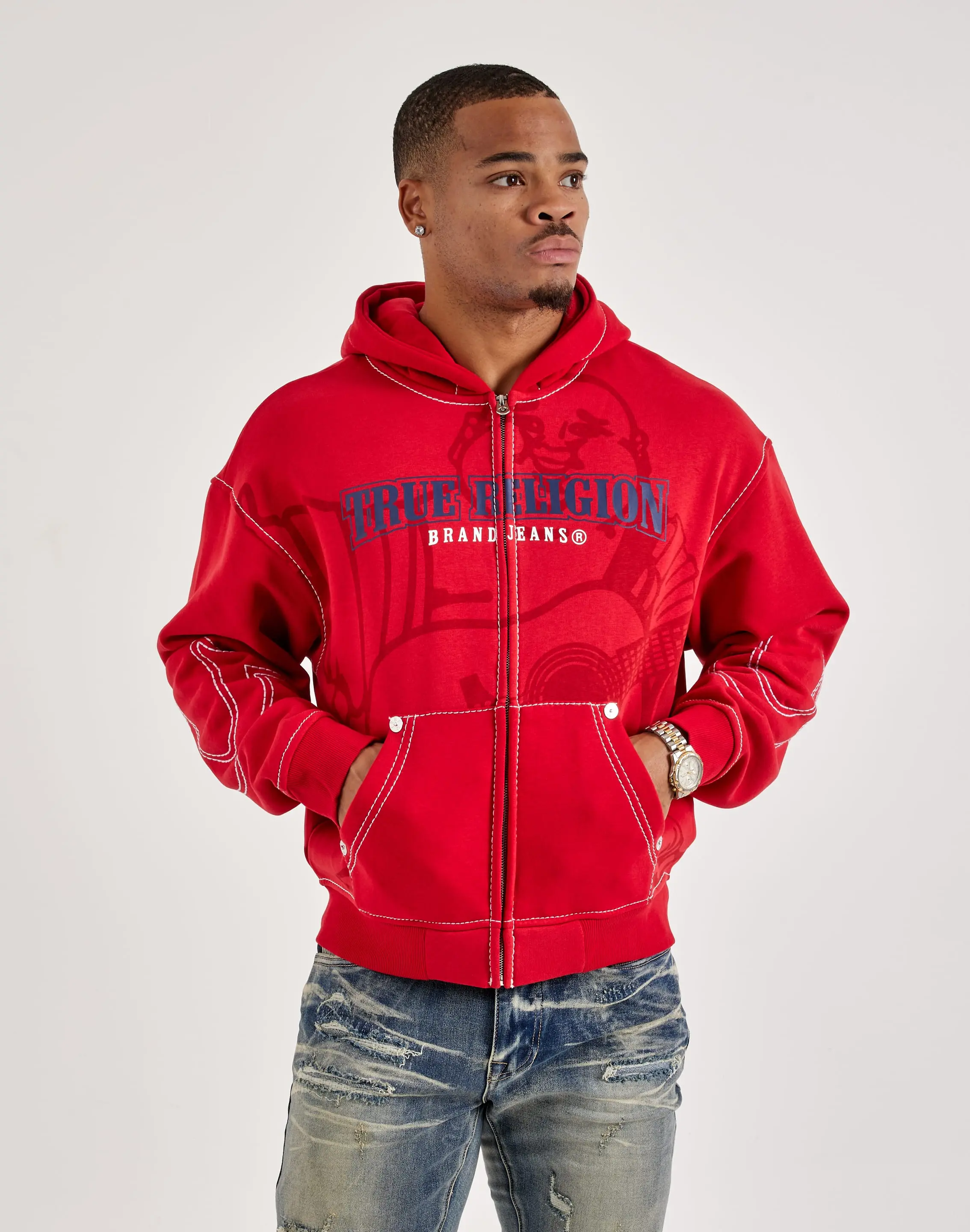 Mens True Religion Anniversary Big-T Zip Fleece Hoodie