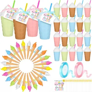 LemonRoad 24 Sets End of Year Gifts for Students from Teacher Include Ice Cream Shaped 14 oz Plastic Cups, Ice Cream Pen, Card and Ribbon for Summer Graduation Birthday Party Gifts Exchange Prizes
