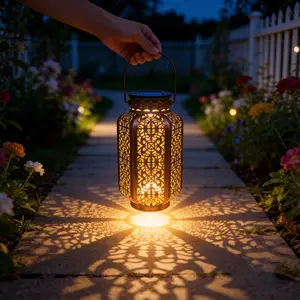 Vintage Solar Outdoor Hanging Lantern, Patio Hanging Lights, Metal Hollow LED Projection Lamp, Waterproof Moroccan Style Decorative Solar Light, Garden Lighting, Outdoor Landscape Lighting, Light Up Lantern, Solar Lighted