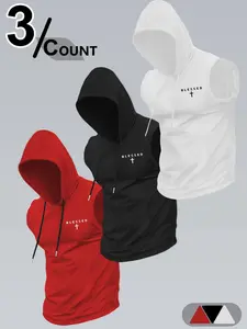 Men's 3-Pack "BLESSED" Cross Print Sleeveless Hooded Gym Tank Tops, Dry Fit Vest, Quick-Dry Breathable Fabric, Drawstring Hood & Deep Armholes, Ideal for Gym Sessions, Casual Outings, Perfect for Fitness Enth