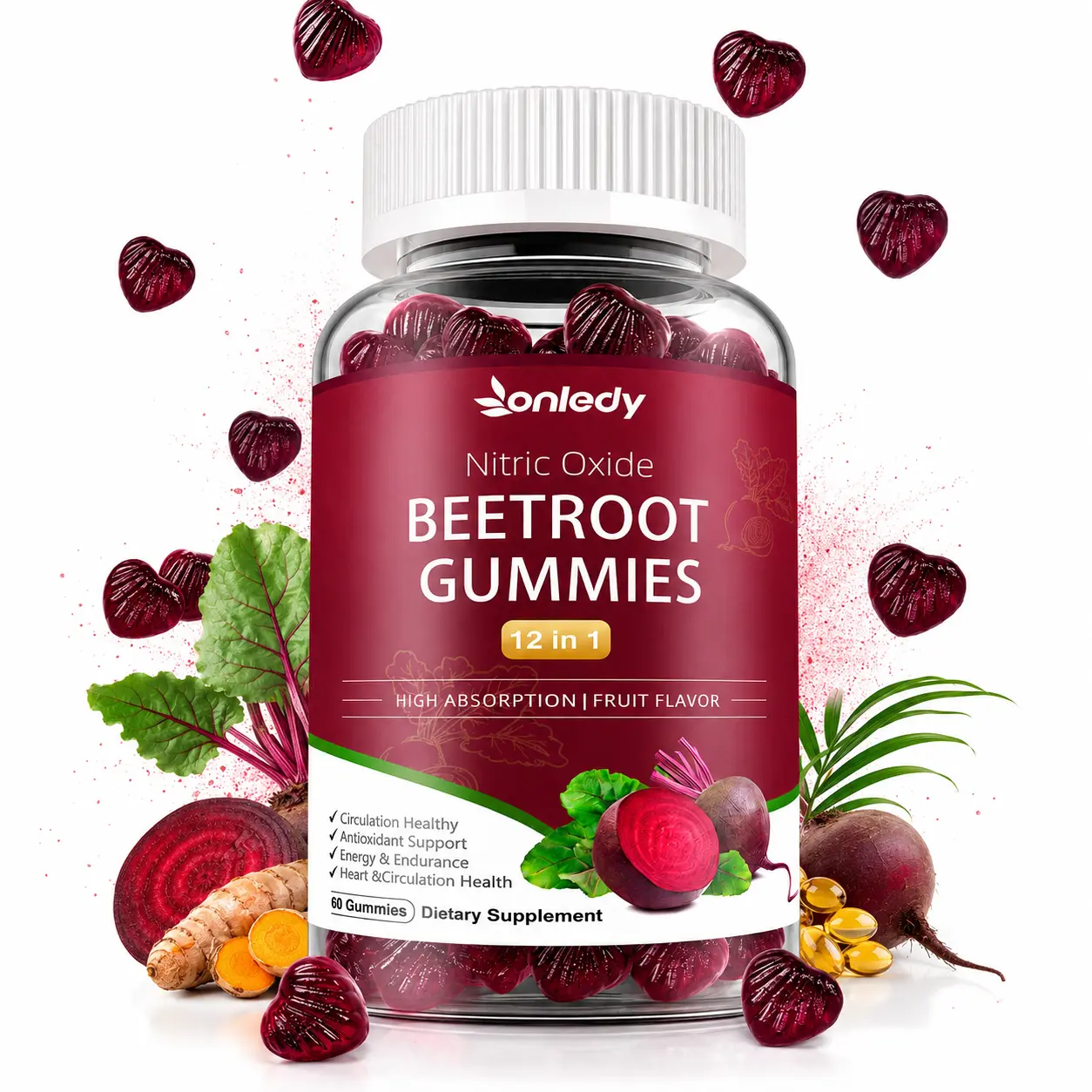 Organic Beet Root Gummies - 12-in-1 Nitric Oxide Support Vitamin, All Natural Dietary Supplement for Blood Flow, Circulation, Energy - Strawberry Flavor, 60 Count