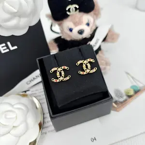 Pre-owned Chanel Multi color Gems Classic Logo Gold Brass Stud Earrings 1108GIA0017