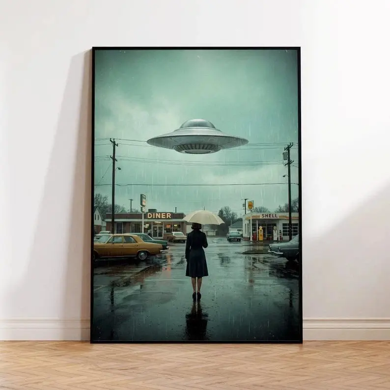 Vintage UFO Poster,Retro 1970s Sci Fi Photography Print,Alien Spaceship Wall Art