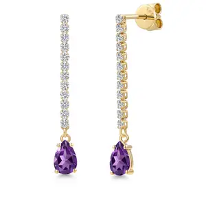 Gem Stone King 14K Yellow Gold Gemstone Birthstone and Lab Grown Diamond Long Liner Dangle Earrings for Women | Pear Shape 6X4MM and Round 1.5MM | Yellow Gold Chain Drop Earrings