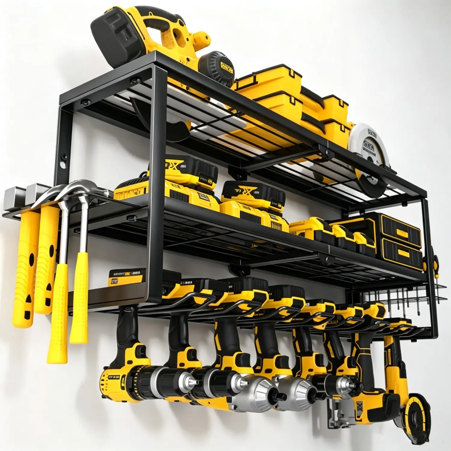 Large Power Tool Organizer Wall Mount with Charging Station,3 Layer Heavy Duty Metal Tool Storage Rack Loads 600lbs with 8 Cordless Drill Holder,Battery Utility Rack Loads with 4 Power Strip