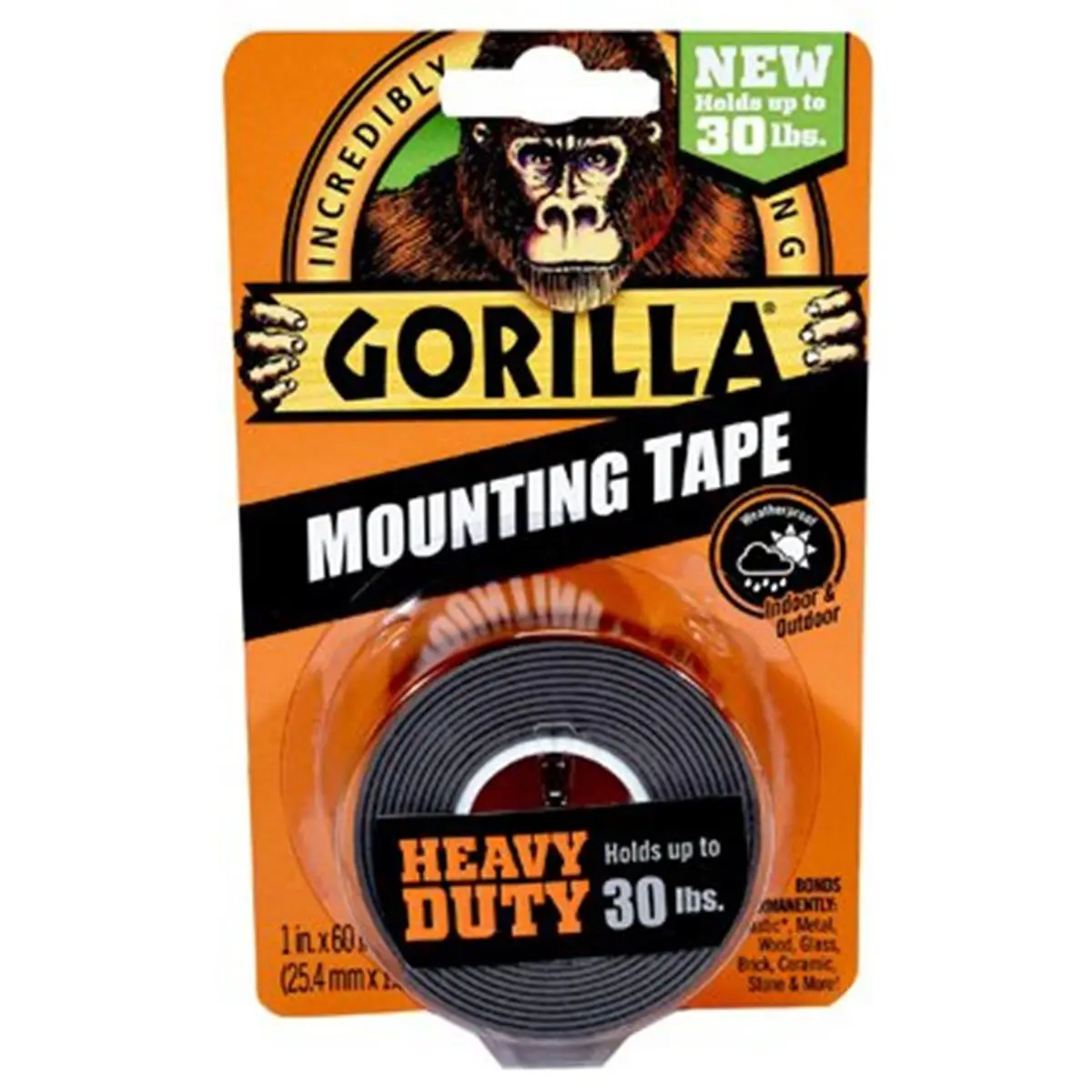 212 MAIN Gorilla Glue 205984 Heavy Duty Durable 1x60 in. Multipurpose Double Sided Mounting Tape, High Strength Adhesive, Waterproof Bond, Long Lasting Hold