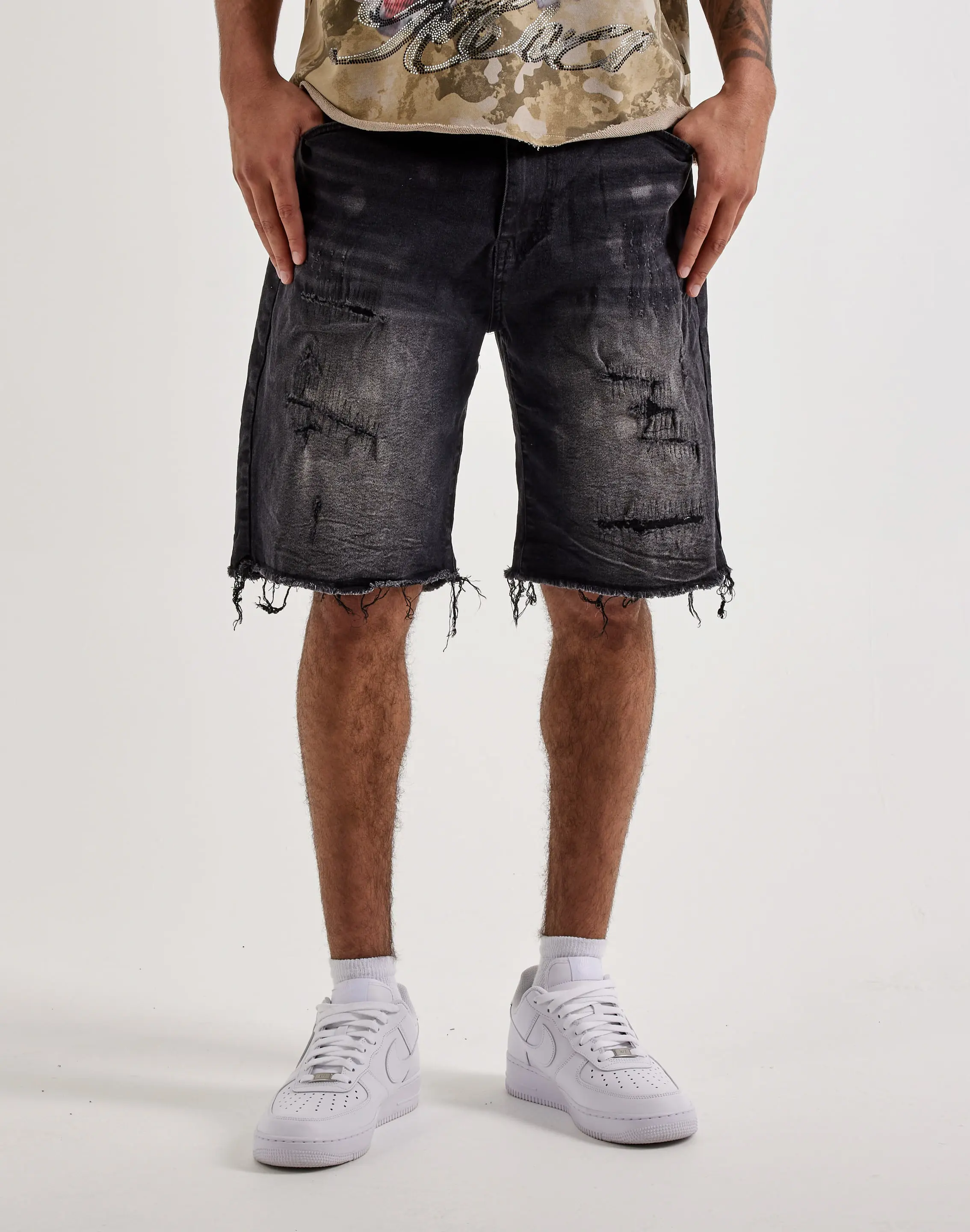 Mens Smoke Rise Distressed Denim Shorts