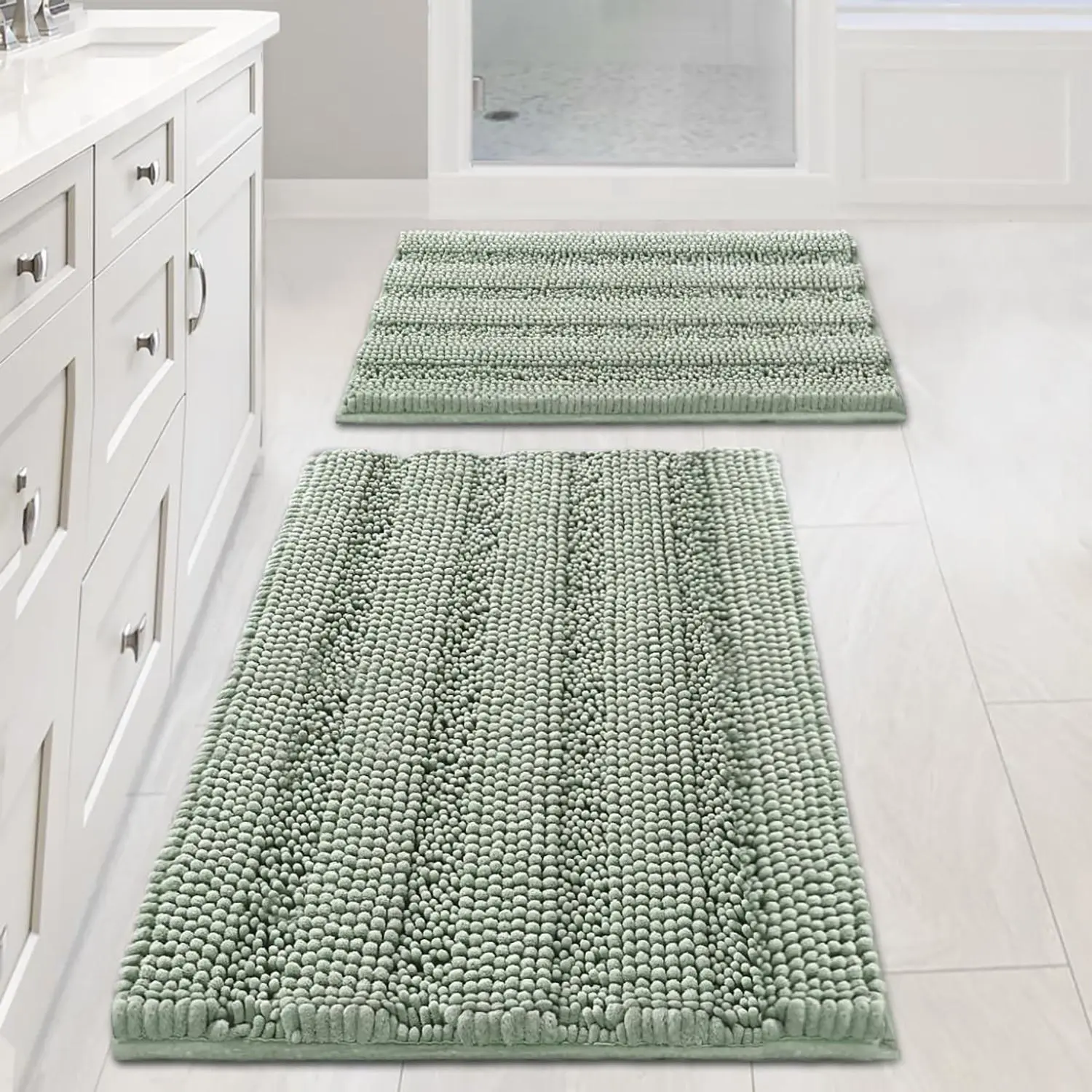 Minimalist Sage Rectangle Chenille Striped Nonslip Bathroom Rug Set - Extra Thick, Fuzzy, Highly Absorbent Bathroom Accessories, Elegant Bath Mats for Tub, Keeps Floors Dry and Comfy, Home Supplies