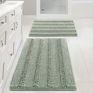 Sage Bathroom Rug Set , Extra Thick Chenille Striped Bath Mats, Soft Shaggy & Absorbent, Non-Slip Bathroom Floor Rugs