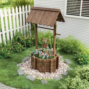 Wooden Wishing Well Planter For Garden, Rustic Outdoor Decorative Flower Pot With Roof And Hanging Bucket, Durable Solid Wood Construction, Perfect Yard, Patio Lawn Landscape Accent For Colorful Seasonal Flowers