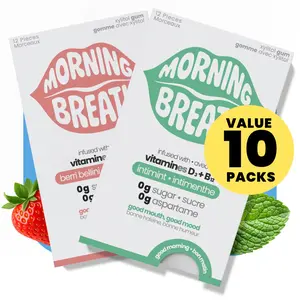 Morning Breath Multivitamin Supplemented Gum - Byebye Morning Breath + Never Forget Your Vitamins Again, Vitamin B, D, Xylitol, Sugar Free  (Berry + Mint, Mix 10 Packs)