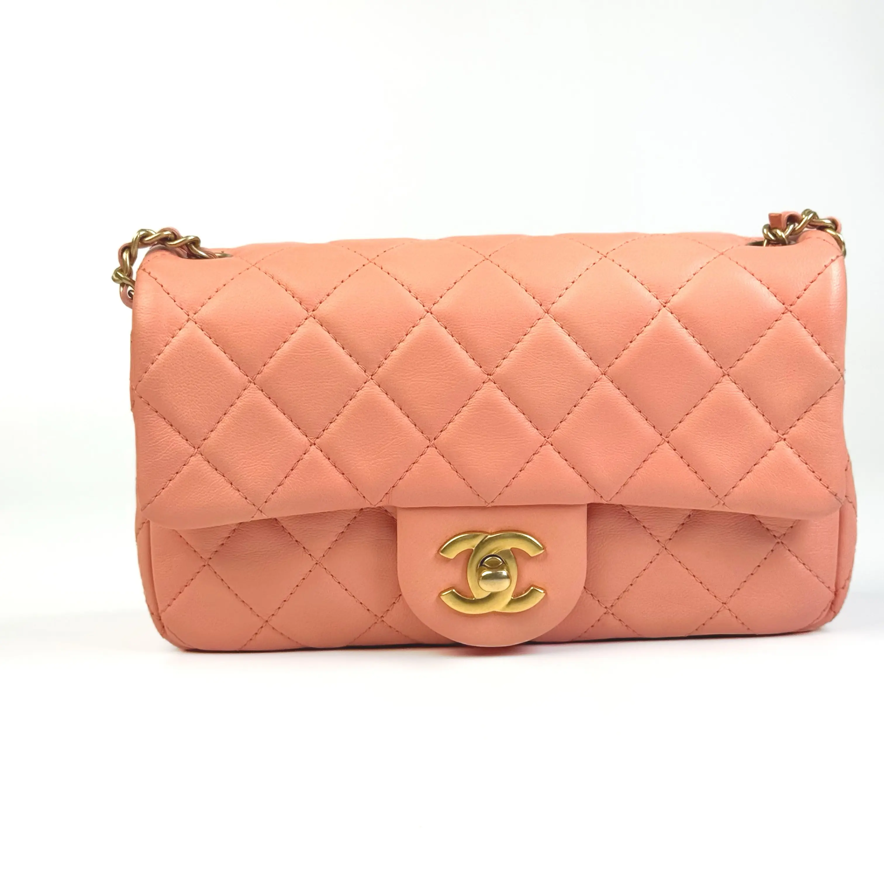 Pre-owned CHANEL Classic Flap Rectangular Mini with Gold Ball, Coral Lambskin, Chip Version, Small Size, Approx. 20cm Base Length, Serial No. N25225976