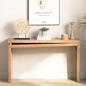 Narrow console table, Slim entryway table, Small space sofa table, 52 inch Hallway table, Wood console table with bead detail, Rustic modern console, Natural wood finish table, Minimalist foyer table.