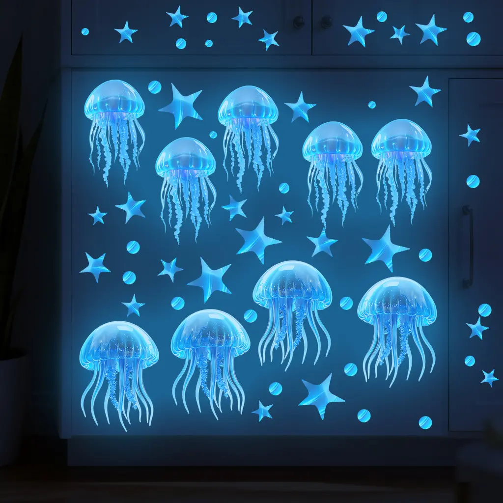 1 piece of luminous decorative wall sticker featuring jellyfish and stars floating in the dark, made of self-adhesive and removable PVC material, suitable for bedrooms, living rooms, glass, home decoration, Household decoration supplies