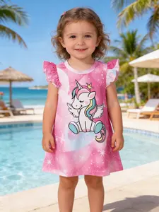 Toddler Girls' Unicorn Print Sleeveless Fitted Dress, Round Neck Summer Knee-Length, Cute Casual Fashion, Suitable for 1-6 Years, Party or Valentine's Gift