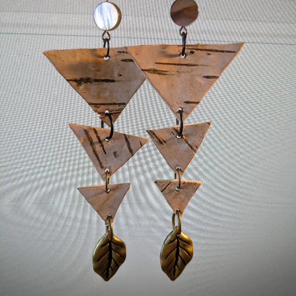 Native American Birch Bark Triangle Earrings - Gold Tone Leaf Pendant