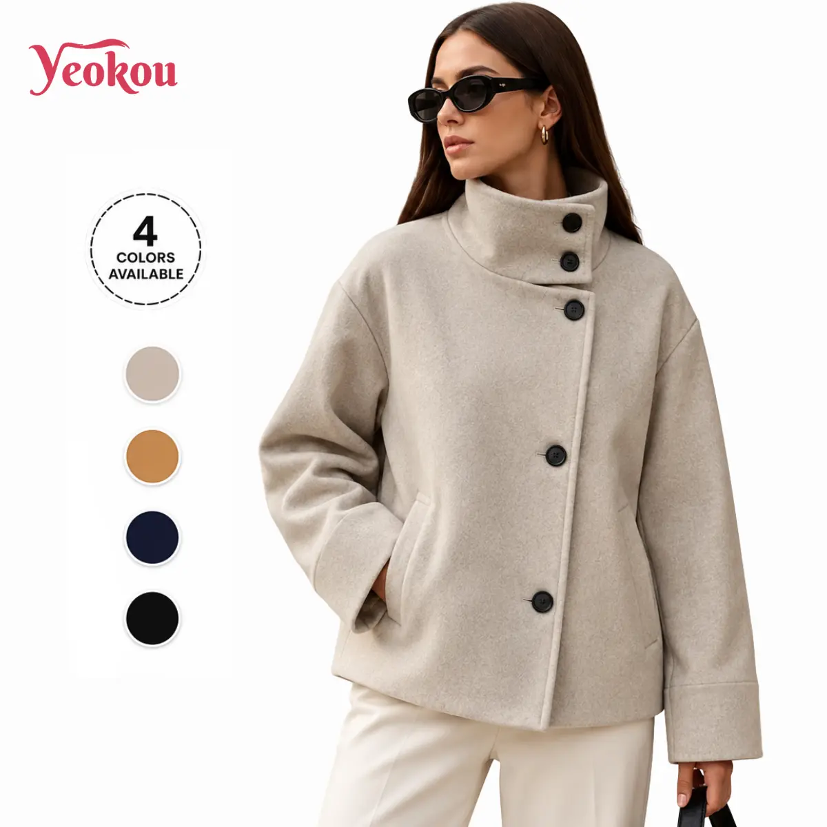 Yeokou Women's Cute Minimalist Basic Crop Pea Coat - Wool Blend, Loose Casual Autumn Winter Short Outerwear Jacket, Chic, Causal, Long Sleeve, Tops