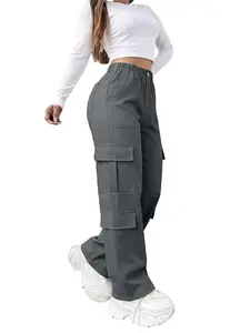 Women's Cargo Pants, Straight Leg, Elastic Waist, Multiple Pockets, Casual Street Style, Solid Color, Long Pants for All Seasons