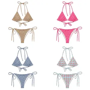 Vintage Pink Textured Triangle Bikini Set, Collection Yellow, Blue, Red Two Piece, Active Wear Top, Vacation Summer Swimwear, Trendy Women's Pool Beachwear Outfits, Athletic Halter Bikini Set, Triangle Bikini Bottom Season