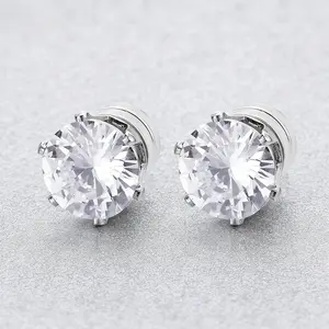 Unisex Magnetic Cubic Zirconia Stud Earrings, Polished Stainless Steel Non-Piercing Jewelry, Classic Pierced Look