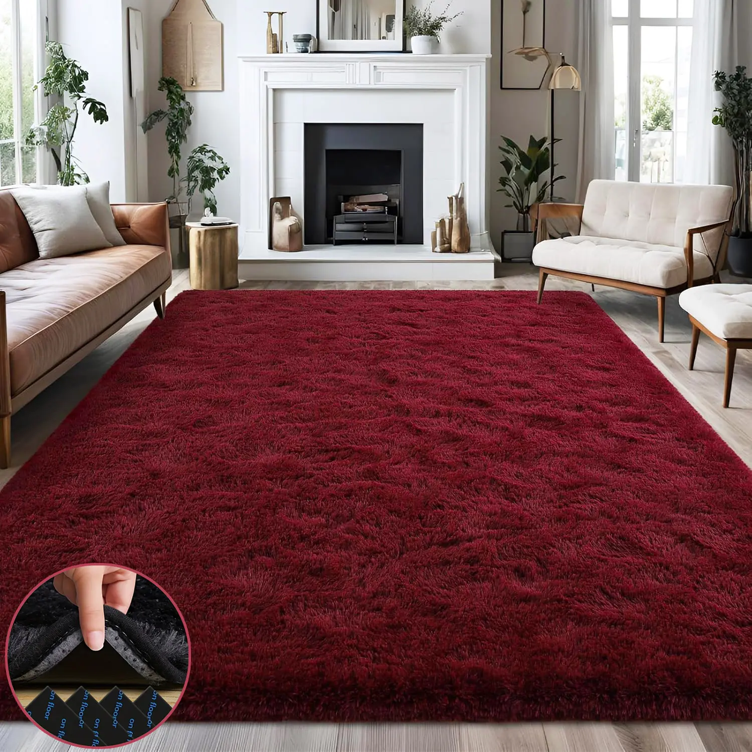 BLIOWL Burgundy Red Furry Shaggy Area Rug - Super Soft Polyester Rug, Upgraded Anti-Slip Bottom, Modern Thick Silky Room Accessories, 4 Carpet Stickers Included, Ideal for Living Room Bedroom, Dry Clean Only, Multi Sizes