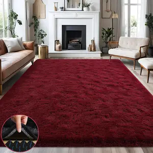 BLIOWL Burgundy Red Plush Shaggy Rug, Ultra Soft Fluffy Large Carpet for Living Room Bedroom, Modern Thick Silky Decor, Upgraded Anti-Slip Bottom, Ideal Gift for Mother’s Day & Easter, Dry Clean Only, Includes 4 Carpet Stickers, Multi Sizes
