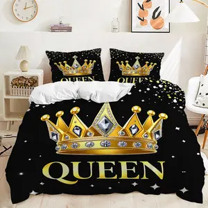 2/3pcs Black and Gold Diamond Crown Queen Pattern Duvet Cover Set, Decorative Duvet Cover, Bedding Set, Bed Sets Supplies, Soft and Comfortable, Includes 1 or 2 Pillowcases - Unfilled / Zip Closure