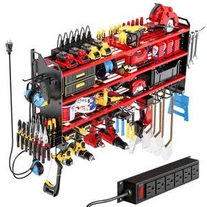 HAUSNEED Tool Organizer Wall Mount with 8 Drill Holders 4 Layers Large Capacity Rack for Garage Heavy Duty Sturdy Construction Easy Assembly