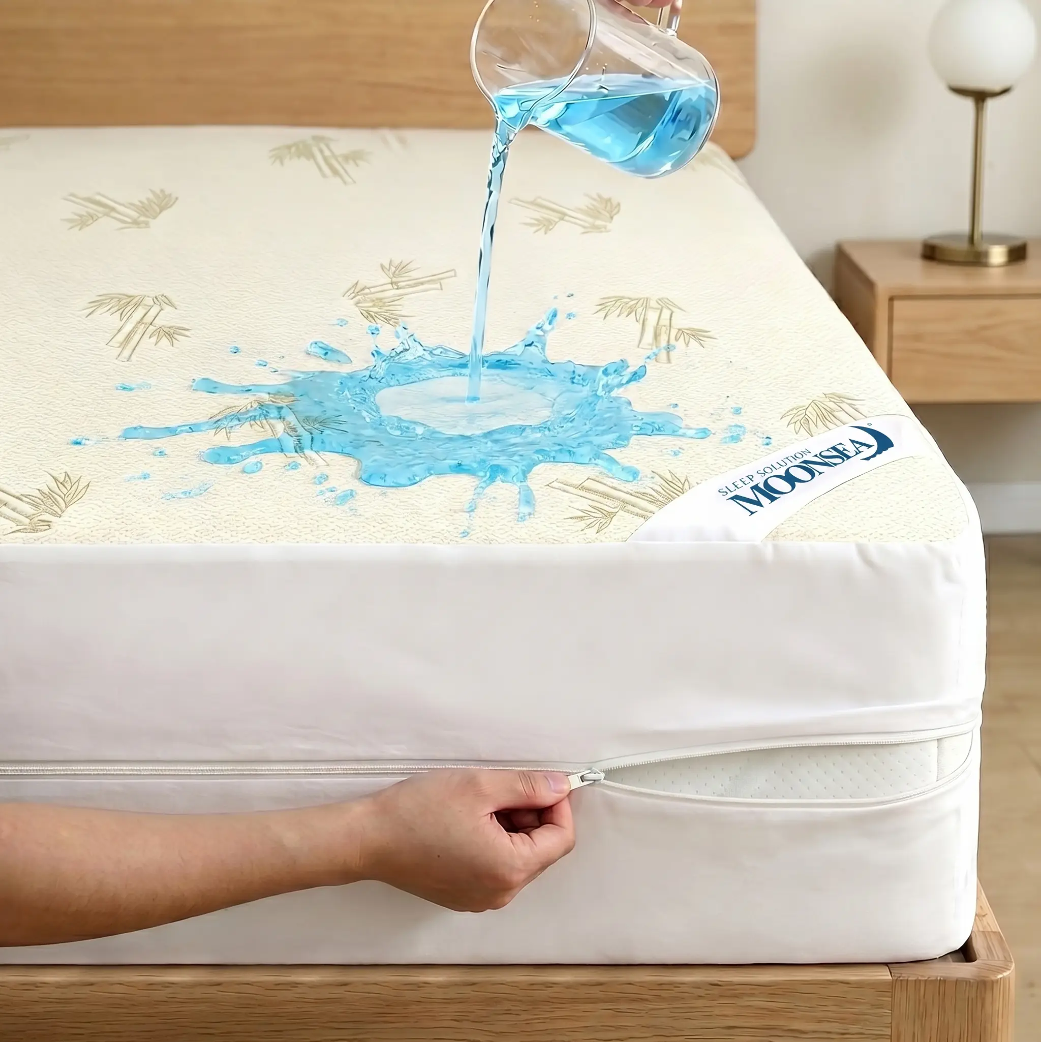 Moonsea Cooling Bamboo Mattress Protector with Zipper, 100% Waterproof Bed Bug Dust Mite Proof Zippered Mattress Encasement, Ultra Soft Premium Jacquard Fabric Breathable Absorbent Noiseless 6 Sided Mattress Cover, Queen Size #tiktokshopsummersale