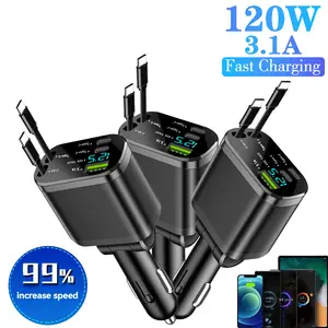 TIISIFANG 4-in-1 Retractable Car Charger with USB-C Fast Adapter, Dual Ports, LED Voltage Display, Smart Temperature Control, for iPhone, iPad, AirPods, Samsung, Google Pixel - Power Distribution